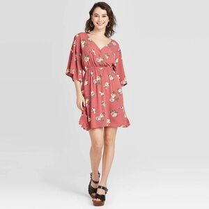 Xhilaration Short Sleeve Floral Faux Wrap‎ Dress Rosewood